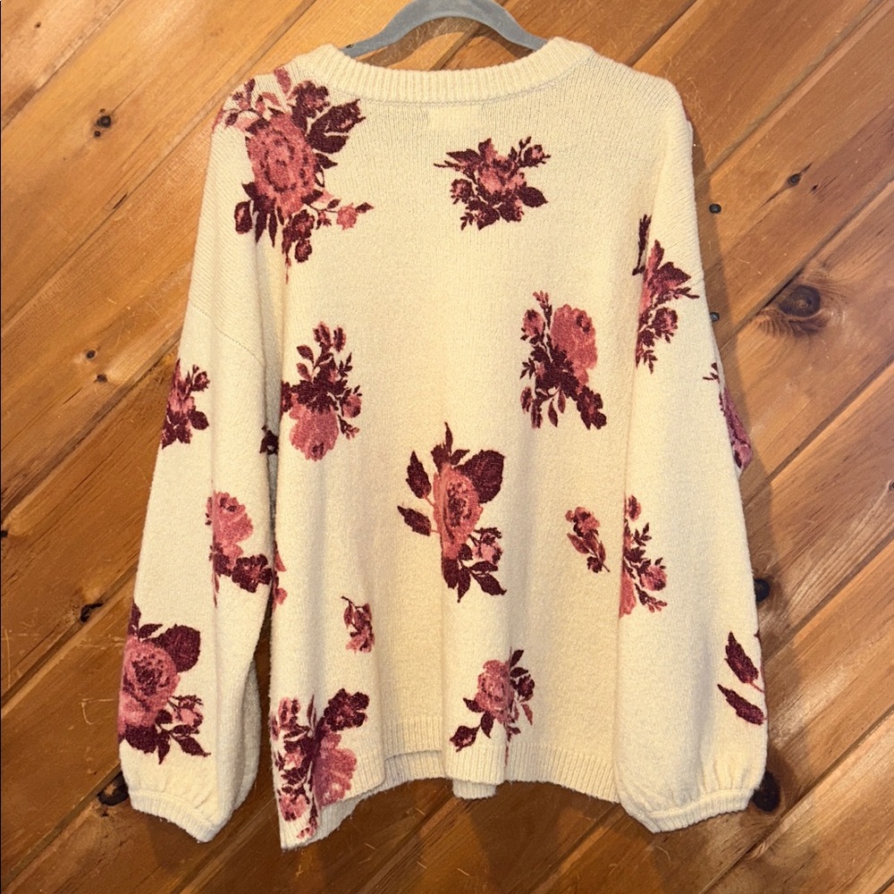 Altar’d State tan & maroon large floral puff sleeve sweater - Picture 5 of 5